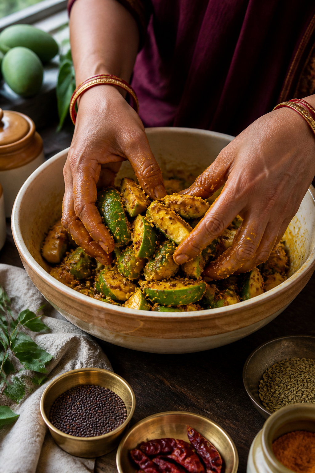 Traditional pickle preparation with fresh mango and spices